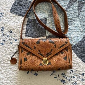 Brown Floral Embossed Leather Shoulder Bag